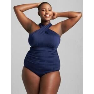 Cacique Swim Womens Blue No-Wire Crossover Neck One Piece Swimsuit plus size 26